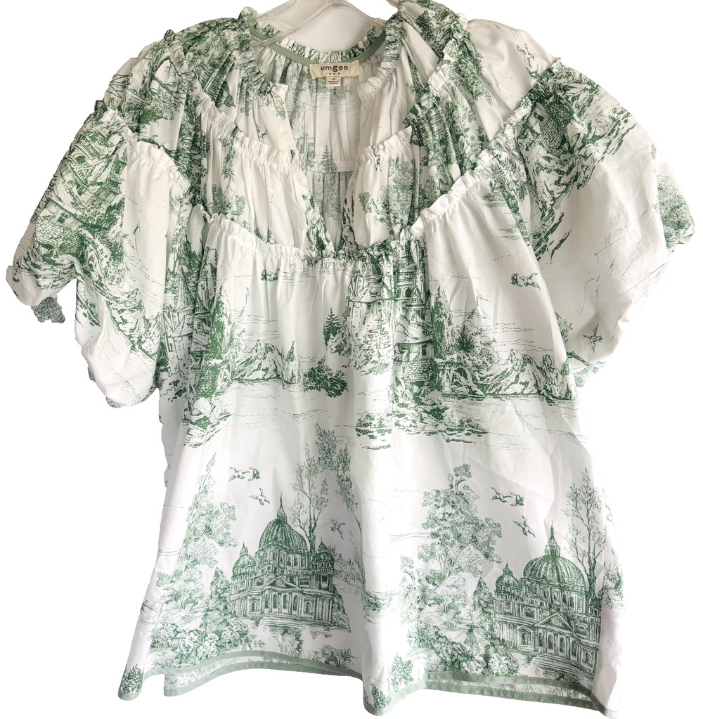 Umgee Sage Green Boho Peasant Blouse Top Puff Sleeve Cotton Sz Medium